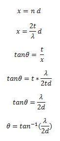 x=m*d; x=(2*t over lambda)*d; tan(theta)=t/x; tan(theta)=t* lambda over (2*t*d); tan(theta)=lambda over 2*d; theta = arctan (lambda over 2*d)